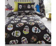 Homespace Direct Set âSugar Skulls Funâ Copripiumino Letto Matrimoniale con 2Â federe, Reversibile, Colore Nero