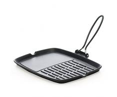 Excelsa Dieta Grill Bistecchiera Rettangolare con Manico Pieghevole, Dimensioni: 36 x 24 cm, Ghisa Smaltata, Nero