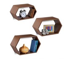 Relaxdays 10021899_93 Set 3 Mensole da Parete Esagonali, per Soggiorno, Cameretta, Legno MDF, con Materiale Montaggio, Marrone
