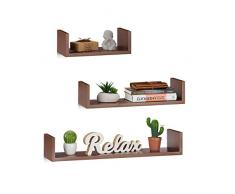 Relaxdays 10021808_93 Set 3 Mensole da Parete a Forma di U, Rettangolari, ProfonditÃ 15 cm, per Libri, DVD e Decorazioni, Marrone