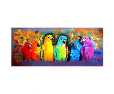 LegendArte Olio su Tela - Quadro su Tela Dipinto a Mano - Variopinti Pappagalli, cm. 30x90 - Quadro Moderno Soggiorno