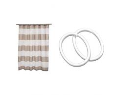 AmazonBasics - Tenda da Doccia in Tessuto con Motivo Stampato a Righe, 180 x 200 cm, Colore: Grigio & Sealskin Clips Rings Confezione da 12 Anelli, Polipropilene, Bianco, 4,7 x 6,2 x 0,7 cm