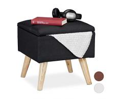Relaxdays, Nero Sgabello con Contenitore, Rivestimento in Lino Sintetico, Gambe in Legno e Coperchio, HLP: 40x40x40 cm, Pannelli MDF, Tessuto, 1 pz