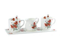 La Cija Poppies Set 2 Tazze, con Cucchiaio e lattiera Piatto in Porcellana, Colore: Bianco