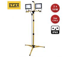 Stak ST748 Faretti LED su Treppiede, 2 x 50W, 8000 Lumen, Giallo, Cavo 3m, IP65, 160cm di Altezza. Uso Esterno: Ideale per Cantiere, Garage, Giardino, Barbeque 100 W