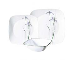CORELLE - Servizio da tavola Quadrato da 18 Pezzi in Vetro Vitrelle, Motivo con Iris, Resistente a sbeccature e Rotture, Servizio per 6 Persone, Viola/Verde