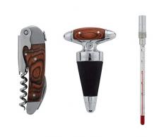 LAGUIOLE - Set 3 Accessori Vino - Cavatappi, Tappo, Termometro - Legno di Pakka - Confezione Regalo - Acciaio Inossidabile - Marrone Scuro