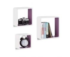 Relaxdays 10021793_749 Set 3 Mensole da Muro, Cubi da Parete, Forma Quadrata, per Cameretta, Cucina, Legno MDF, Bianco/Viola