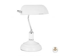 Relaxdays 10020665_55 Lampada Ministeriale Scrivania, Tavolo, Paralume Vetro Orientabile E27, 40 W, Bianco/Argento, 36x26x21 cm