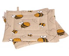 Vaitkute 219062 - Set di 2 presine Biene misto lino con stampa motivo: api 50% lino e 50% cotone lavabili a 40º 240 g/ m2 23 x 23 cm colore: naturale/giallo
