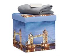 Relaxdays 10022865_469 Pouf Luminoso Cubo Contenitore al LED Motivo London Bridge Sgabello Pieghevole HLP: 38 x 38 x 38 cm Colorato