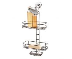 InterDesign Linea Mensola doccia regolabile | Scaffale doccia con 2 cestini e portasaponetta | Mensola vasca da bagno con ganci e ventose | Metallo bronzo argento