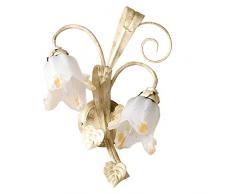 ONLI Applique da Parete 2 luci in Metallo Avorio spennellato Oro e vetri Bianchi a Fiore