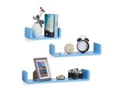 Relaxdays 10021809_45 Set 3 Mensole da Parete Aperte, a Forma di U, Legno MDF, Blu
