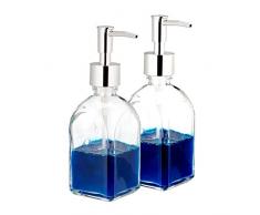 Relaxdays Dispenser di Sapone Manuale, Set da 2 Portasapone, Ricaricabile, Bagno & Cucina, in Vetro, 220 ml, Trasparente, ABS, 2X