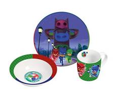 PJ Masks Owlette, Catboy, Gekko Set da Colazione, in Porcellana, Servizio da tavola per Bambini, 3 Pezzi, Multicolore