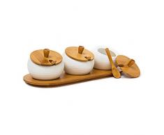 Relaxdays Portaspezie Modello Jiao in Ceramica e Bambù, con Coperchio, Sostegno e Cucchiaino Apposito, H X B X T: 8.5 X 30.5 X 12 cm, Naturale