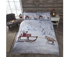 Christmas Husky Dog - Set di biancheria da letto singolo, copripiumino e federa, multicolore, motivo natalizio con cani Husky e slitta