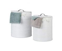 Relaxdays 10021502 Set 2 Cesti Portabiancheria in Rattan Tondi Impilabili 47 Litri Sacco in Cotone Coperchio con Manico Bianco