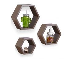 Relaxdays 10021897_93 Set 3 Mensole da Parete, Esagonali, Decorative, Legno MDF, per Soggiorno, Cameretta, Marrone