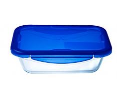 Pyrex 282PG00 Teglia Multiuso Rettangolare con Coperchio Ermetico , Trasparente e Blu, 24X18X6 cm, 1.7 L