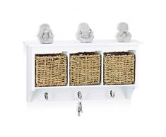 Relaxdays Appendiabiti da Parete con Cestini, Ganci per Abiti e Cappelli, Crine Marino, Bianco, 7 x 51 x 14,5