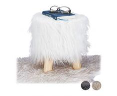 Relaxdays Sgabello con Pelliccia, Morbido, 4 Gambe in Legno, Poggiapiedi Imbottito, Pelo Sintetico, Rotondo, Decorativo, Bianco, HxD: 31x31 cm