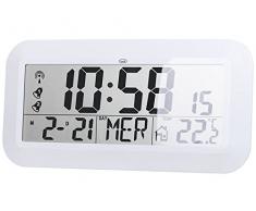 Trevi OM 3528 D Orologio Digitale Radiocontrollato con Sensore Esterno Senza Fili, Grande Display e Ampio Angolo di Lettura, Termometro, Sveglia, Calendario Multilingue, Bianco