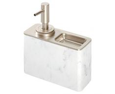 iDesign Dispenser sapone liquido ricaricabile con ripiano, Grande dosatore sapone bagno in metallo e resina stile marmo, Erogatore sapone liquido capacitÃ 295 ml, bianco e argento
