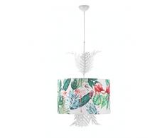 ONLI - Lampada a sospensione Fenicottero, paralume in stoffa con stampe tropicali su fondo bianco. Diametro 48cm. Asta centrale decorata con foglie di felce in metallo bianco