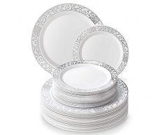 SERVIZIO DA TAVOLA MONOUSO PER FESTE 40 PZ | 20 Piatti | 20 Piattini da Insalata/Dessert | Piatti in Plastica Pesante | Elegante Look Porcellana | per Matrimoni e Cene di Classe (Veneziana â Argento)