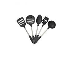 Relaxdays, Argento Set Accessori Cucina, 5 pz Mestolo Cucchiaio da Portata Forchettone Schiumarola Spatola, Acciaio, Nero, Inox, PP, 6 x 11,5 x 35,5 cm