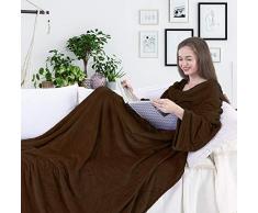 DecoKing - Coperta per TV, 150 x 180 cm, in Microfibra, con Maniche e Tasche, Coperta in Microfibra e Pile Morbido, Morbida, Morbida e Morbida, Poliestere, Marrone, 150 x 180 cm
