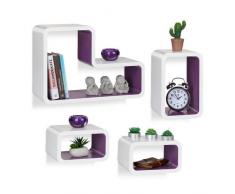 Relaxdays 10021892_749 Set 4 Mensole da Parete a Forma di L, Cubi in Design Moderno, per Libri, DVD e Decorazioni, Bianco-Viola, legno mdf