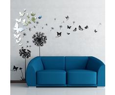 Walplus Adesivo da Parete, Motivo Dente di Leone Trasparente e Farfalle a Specchio, PVC, Nero/Argento, 130 x 120 cm