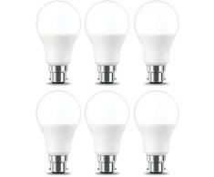 AmazonBasics Lampadina LED B22 a baionetta cappuccio, 9W (equivalente a 60W), [Classe energetica A+], Luce Bianca Calda, Non Dimmerabile - Pacco da 6