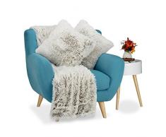 Relaxdays 10021101_686 Soffice Plaid con 2 Cuscini da Divano, Set da 3 Pezzi, Trapunta Effetto Pelliccia Sintetica, Coperta XXL, Bianco-Marrone
