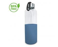 Nerthus Botella Cristal Azul Bottiglia di Vetro da 600 ml Blu, Borosilicato e Silicone