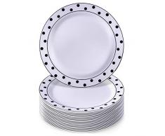 SERVIZIO DA TAVOLA MONOUSO PER FESTE 20 PZ | 20 Piatti Normali | Piatti di Plastica Resistente | Stile Porcellana Fine ed Elegante | per Cene e Matrimoni Raffinati (Charming Dots â Nero | 19 cm)