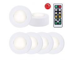 Briloner Leuchten Set di 6 luci a LED per Armadio con Telecomando, dimmerabile e Funzionale, Luce Notturna da Camera, con Funzione Timer e Pad Adesivi 3M, 58x26mm 0.8 W, Bianco, (DxH)
