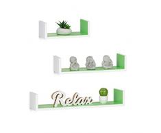 Relaxdays 10021808_252 Set 3 Mensole da Parete a Forma di U, Rettangolari, ProfonditÃ 15 cm, per Libri, DVD e Decorazioni, Bianco-Verde