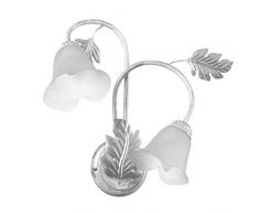 ONLI Applique 2 luci in Metallo spennellato. 2 x E14. Decorazione con Foglie, Calle in Vetro Bianco Satinato, Argento