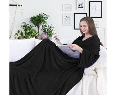 DecoKing - Coperta per TV, 150 x 180 cm, in Microfibra, con Maniche e Tasche, Coperta in Microfibra e Pile Morbido, Morbida, Morbida e Morbida, Poliestere, Nero, 150 x 180 cm