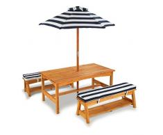 KidKraft 106 - Tavolo con Panche in Legno, Cuscini e Ombrellone, Arredamento da Giardino per Bambini, Righe Blu Scuro e Bianco