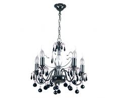 Elegante lampadario classico, con candele, in metallo nichelato, sfere di vetro di cristallo, nero, 105 centimetri di altezza, diametro 45 centimetri, per soggiorno, camera da letto, luce diretta luminosa, 5 lampadine da 60W E14