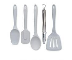 Zeal JSET45S - Pinze da cucina antiaderenti in silicone, spatola e cucchiaio, set da 5 pezzi, colore: grigio francese