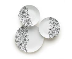 Excelsa Black Roses Servizio Tavola 18 Pezzi, Porcellana, Bianco