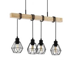 EGLO Lampada a sospensione Townshend 5, plafoniera dal design vintage, industriale e retrò a quattro punti luce, acciaio e legno, E27