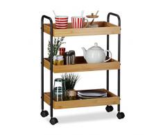 Relaxdays Carrellino Portavivande, 3 Ripiani, Look Naturale, Rotelle Girevoli a 360Â°, bambÃ¹, Marrone/Nero, 7 x 5 x 28 cm