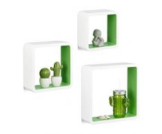 Relaxdays 10021793_252 Set 3 Mensole da Muro, Cubi da Parete, Forma Quadrata, per Cameretta, Cucina, Legno MDF, Bianco/Verde